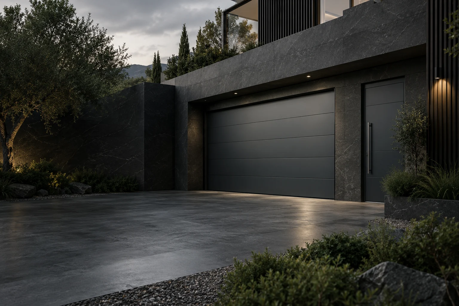 Propuesta conceptual de puerta de garaje seccional en una vivienda moderna